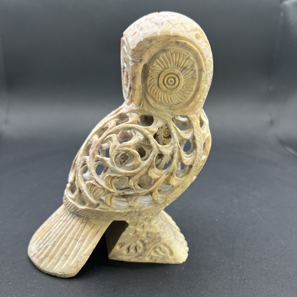 Artisan Crafted Indian Jali Soapstone Owl Sculpture In & Out Mom Baby Inside 5.5